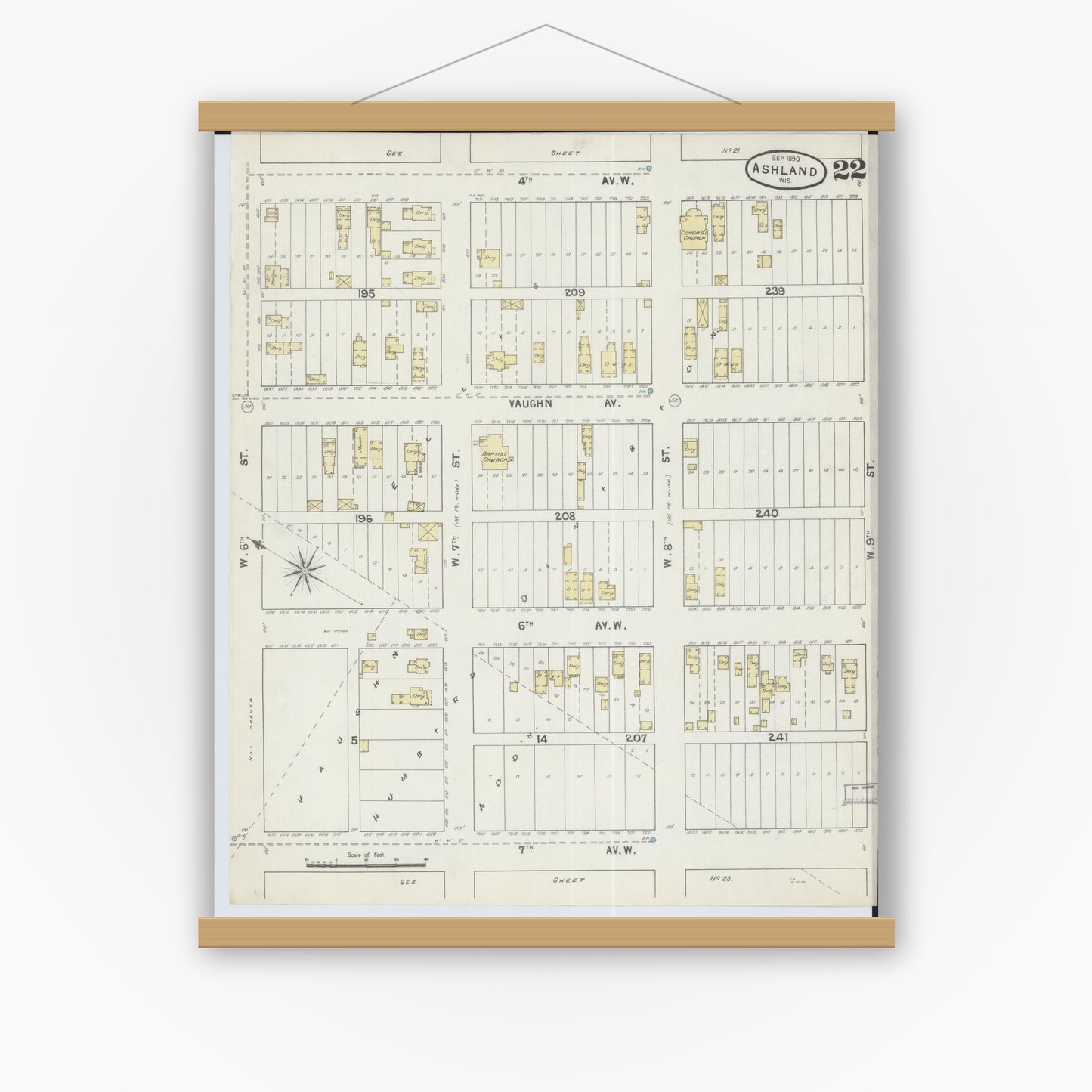 Old map wall art mockup — magnetic wood frame on white wall — Sanborn Fire Insurance Map from Ashland, Ashland County, Wisconsin (1890), Sheet #0022