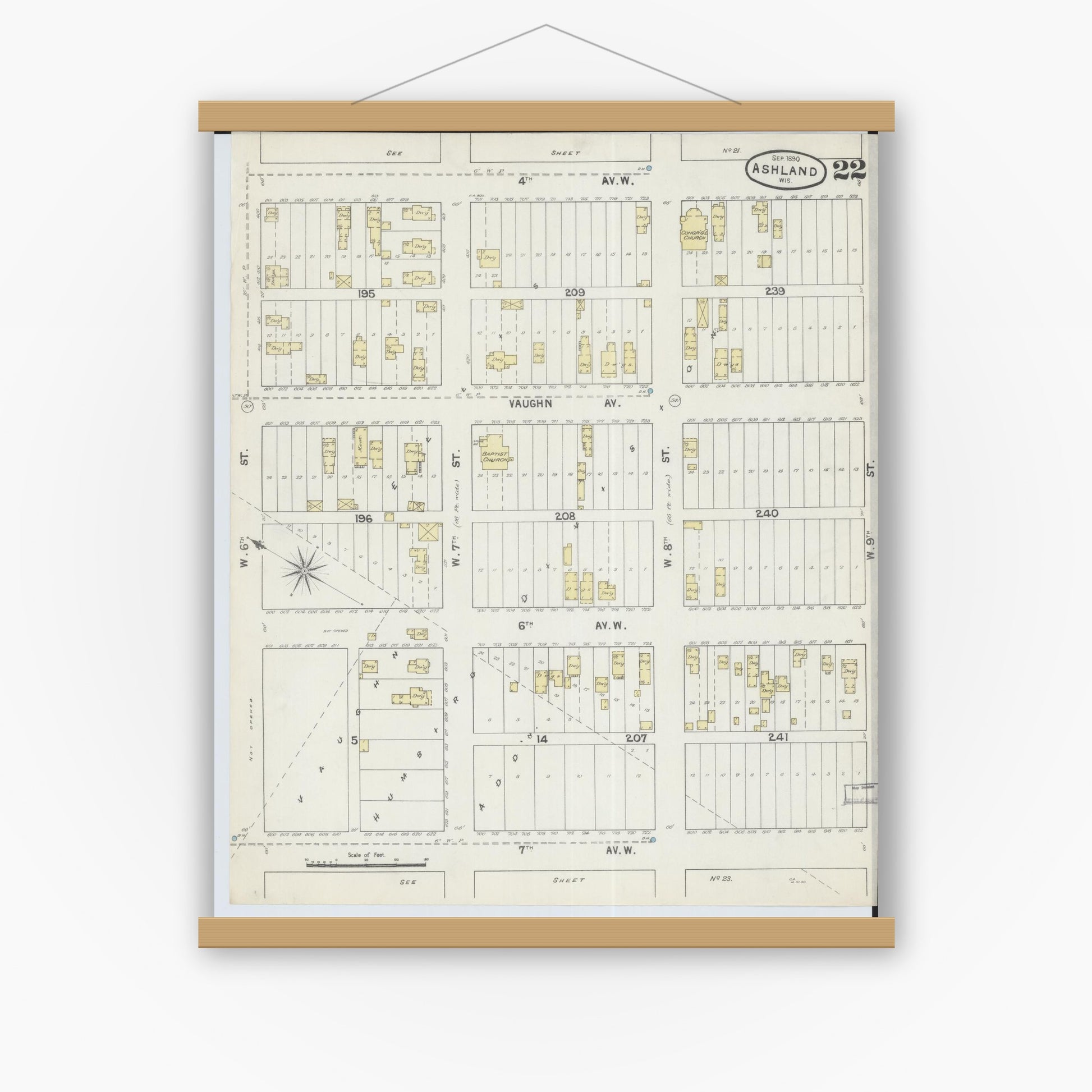 Old map wall art mockup — magnetic wood frame on white wall — Sanborn Fire Insurance Map from Ashland, Ashland County, Wisconsin (1890), Sheet #0022