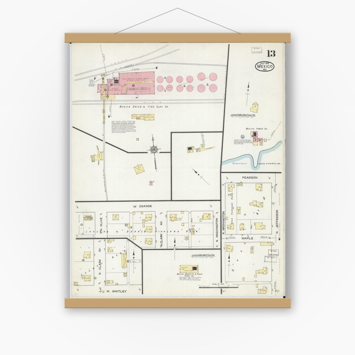 Old map wall art mockup — magnetic wood frame on white wall — Sanborn Fire Insurance Map from Mexico, Audrain County, Missouri (1914), Sheet #0013