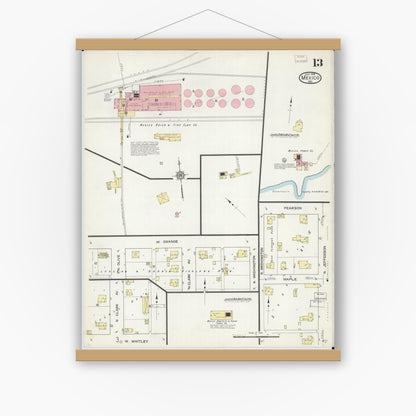 Old map wall art mockup — magnetic wood frame on white wall — Sanborn Fire Insurance Map from Mexico, Audrain County, Missouri (1914), Sheet #0013