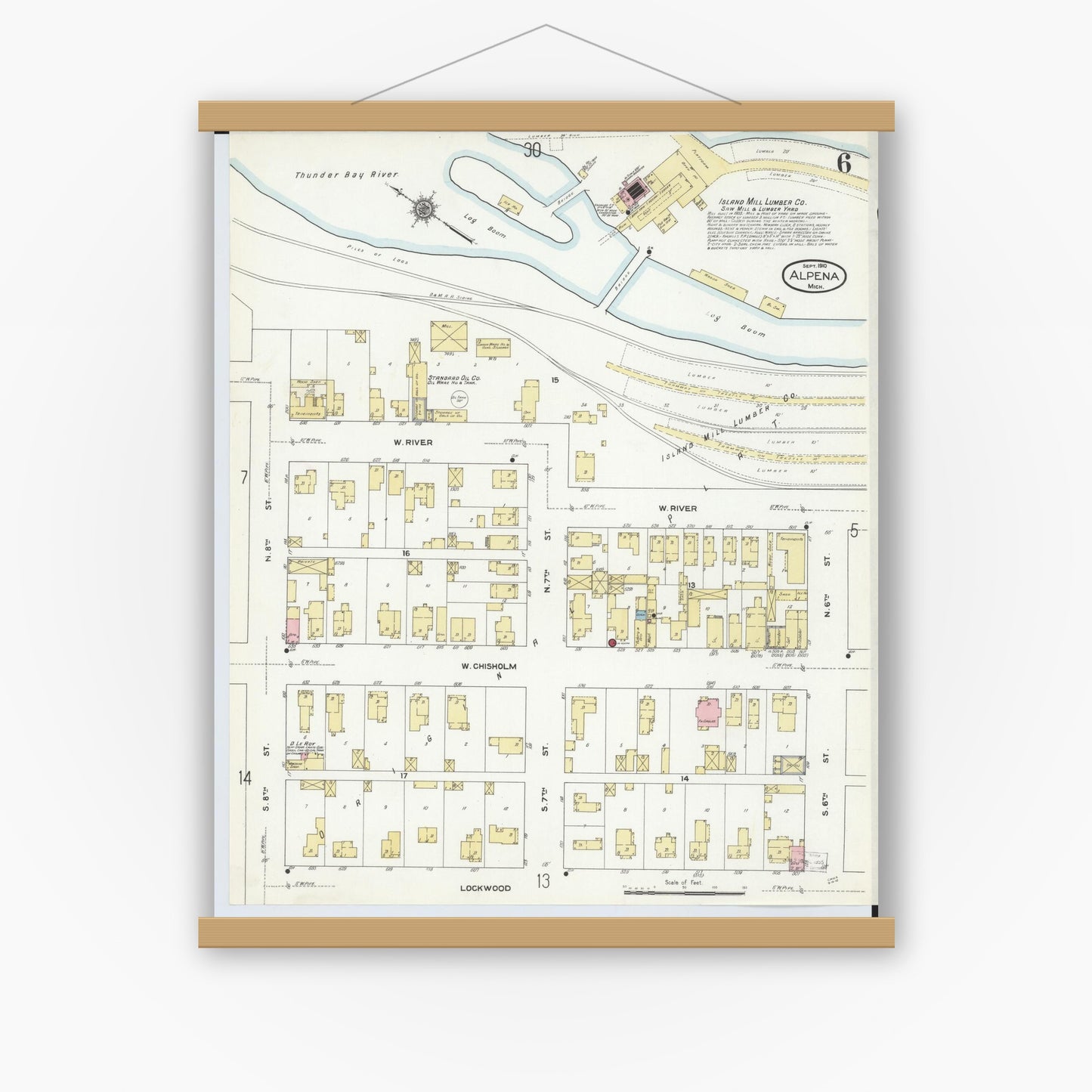 Old map wall art mockup — magnetic wood frame on white wall — Sanborn Fire Insurance Map from Alpena, Alpena County, Michigan (1910), Sheet #0006