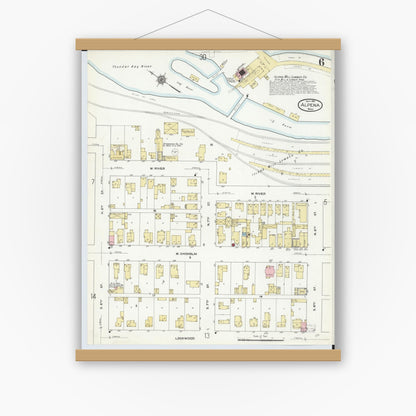 Old map wall art mockup — magnetic wood frame on white wall — Sanborn Fire Insurance Map from Alpena, Alpena County, Michigan (1910), Sheet #0006