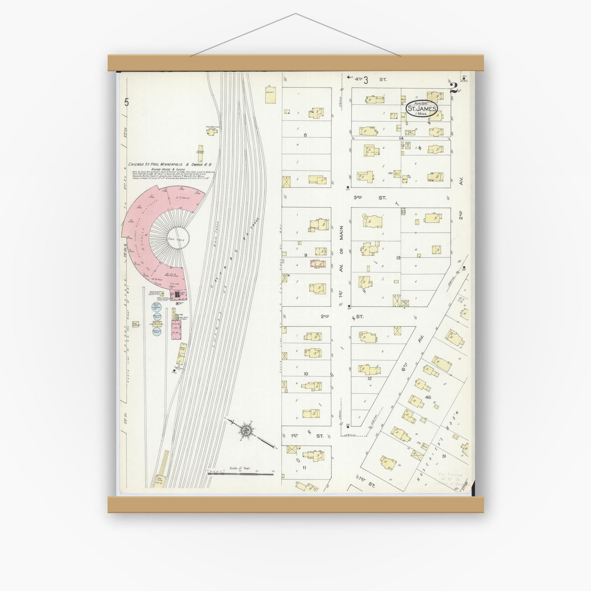 Old map wall art mockup — magnetic wood frame on white wall — Sanborn Fire Insurance Map from Saint James, Watonwan County, Minnesota (1914), Sheet #0002