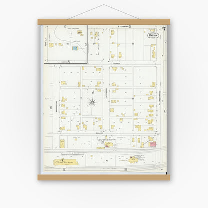 Old map wall art mockup — magnetic wood frame on white wall — Sanborn Fire Insurance Map from Marion, Marion County, Ohio (1900), Sheet #0007