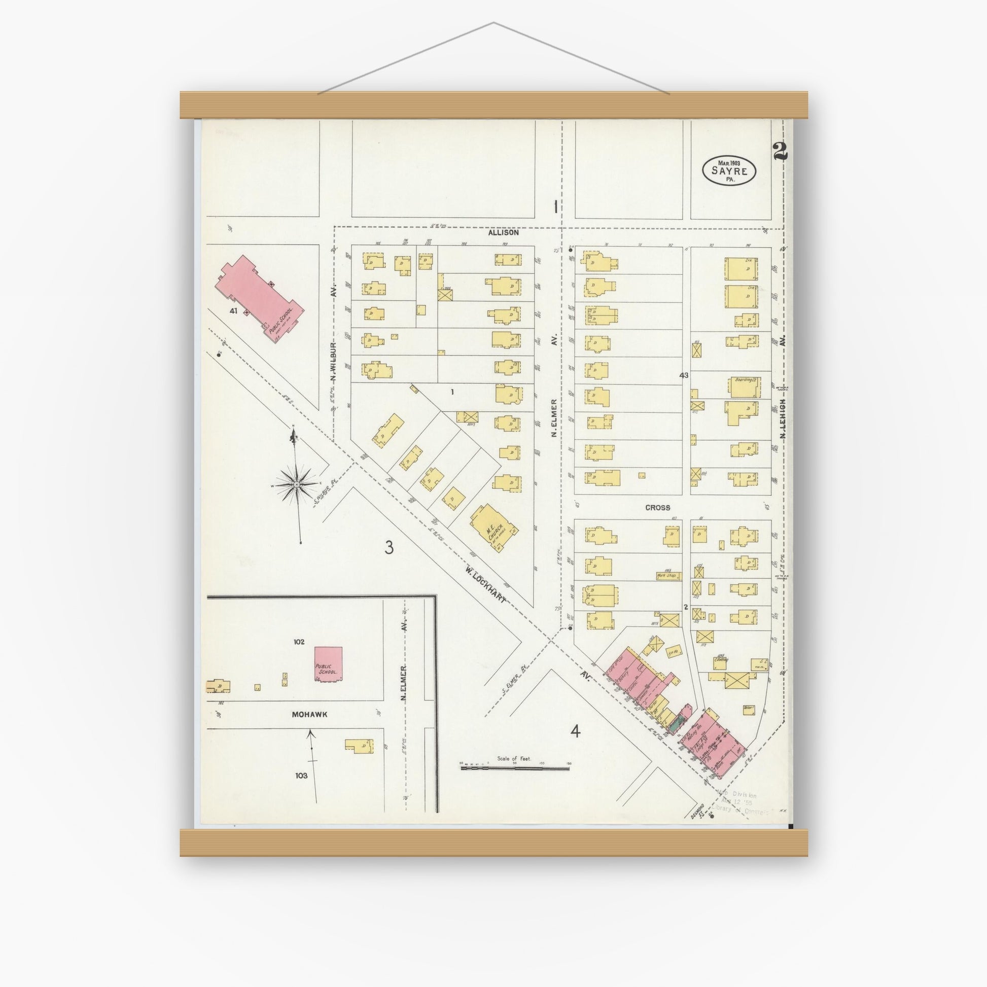 Old map wall art mockup — magnetic wood frame on white wall — Sanborn Fire Insurance Map from Sayre, Bradford County, Pennsylvania (1903), Sheet #0002