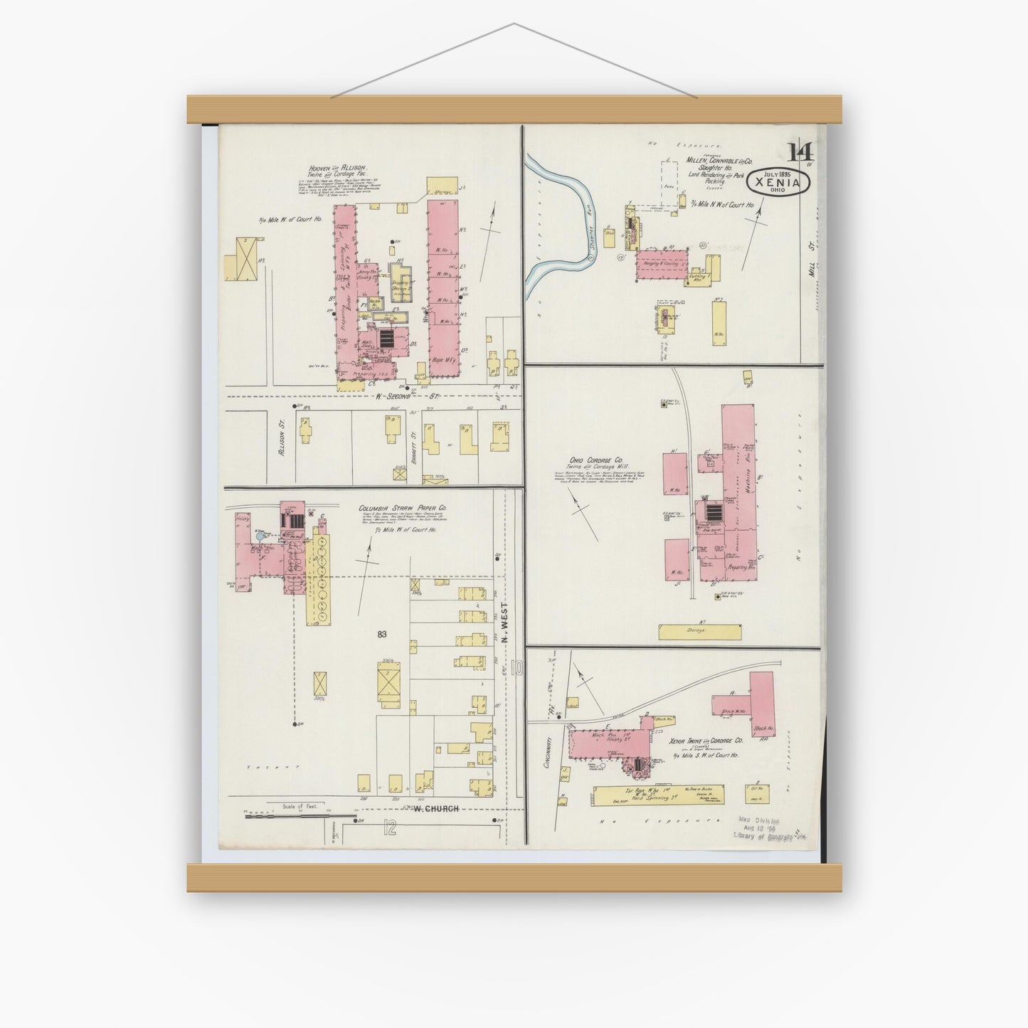 Old map wall art mockup — magnetic wood frame on white wall — Sanborn Fire Insurance Map from Xenia, Greene County, Ohio (1895), Sheet #0014