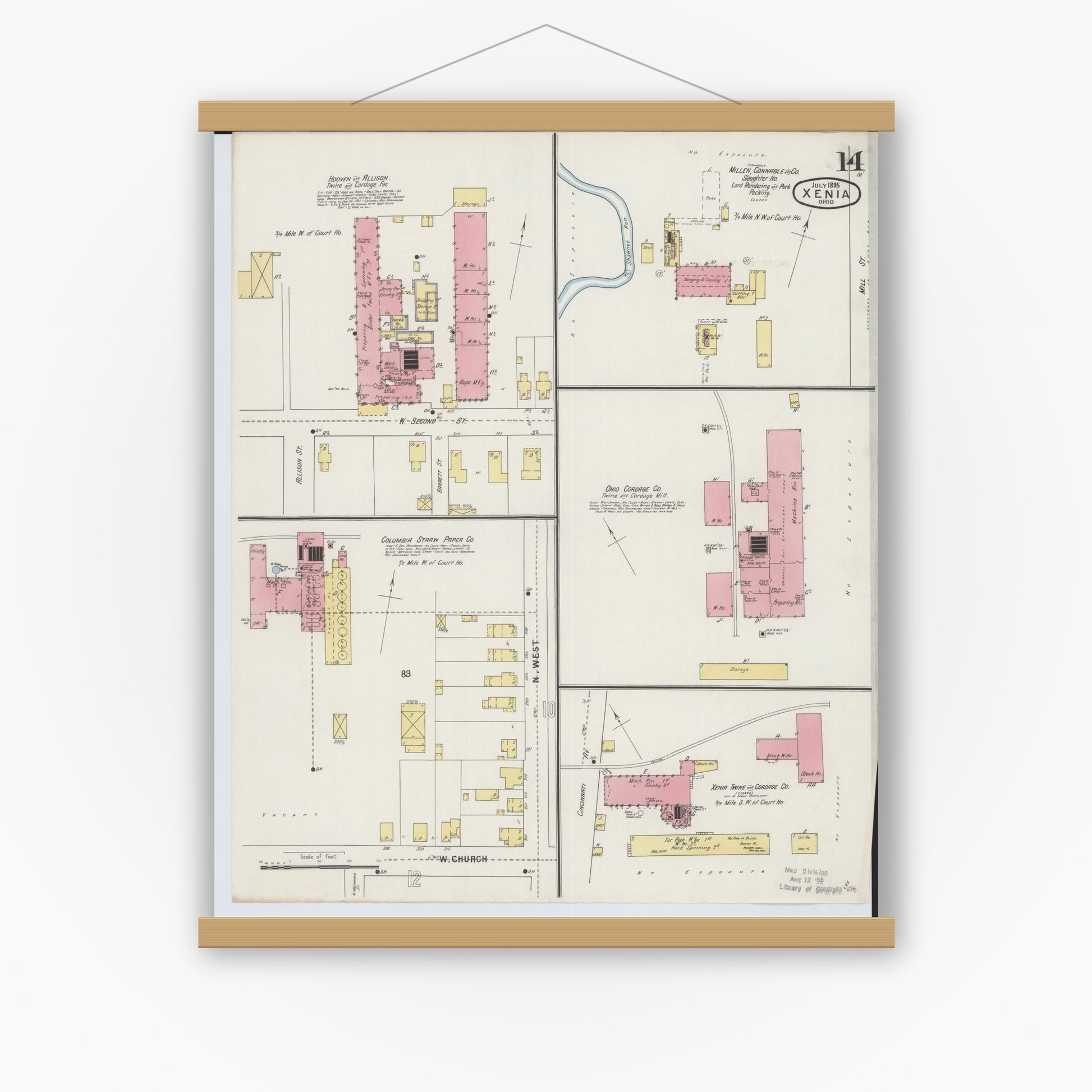 Old map wall art mockup — magnetic wood frame on white wall — Sanborn Fire Insurance Map from Xenia, Greene County, Ohio (1895), Sheet #0014