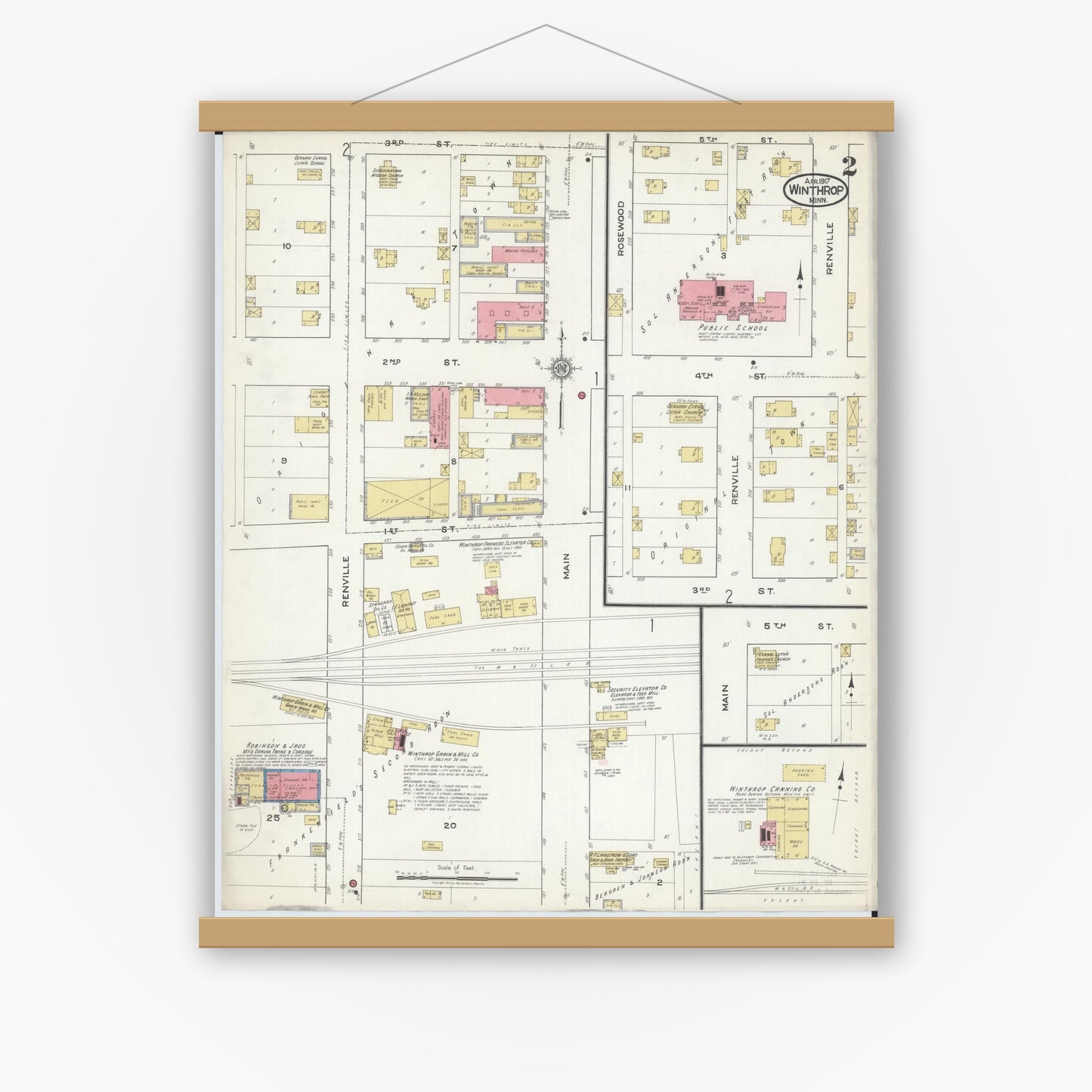 Old map wall art mockup — magnetic wood frame on white wall — Sanborn Fire Insurance Map from Winthrop, Sibley County, Minnesota (1917), Sheet #0002
