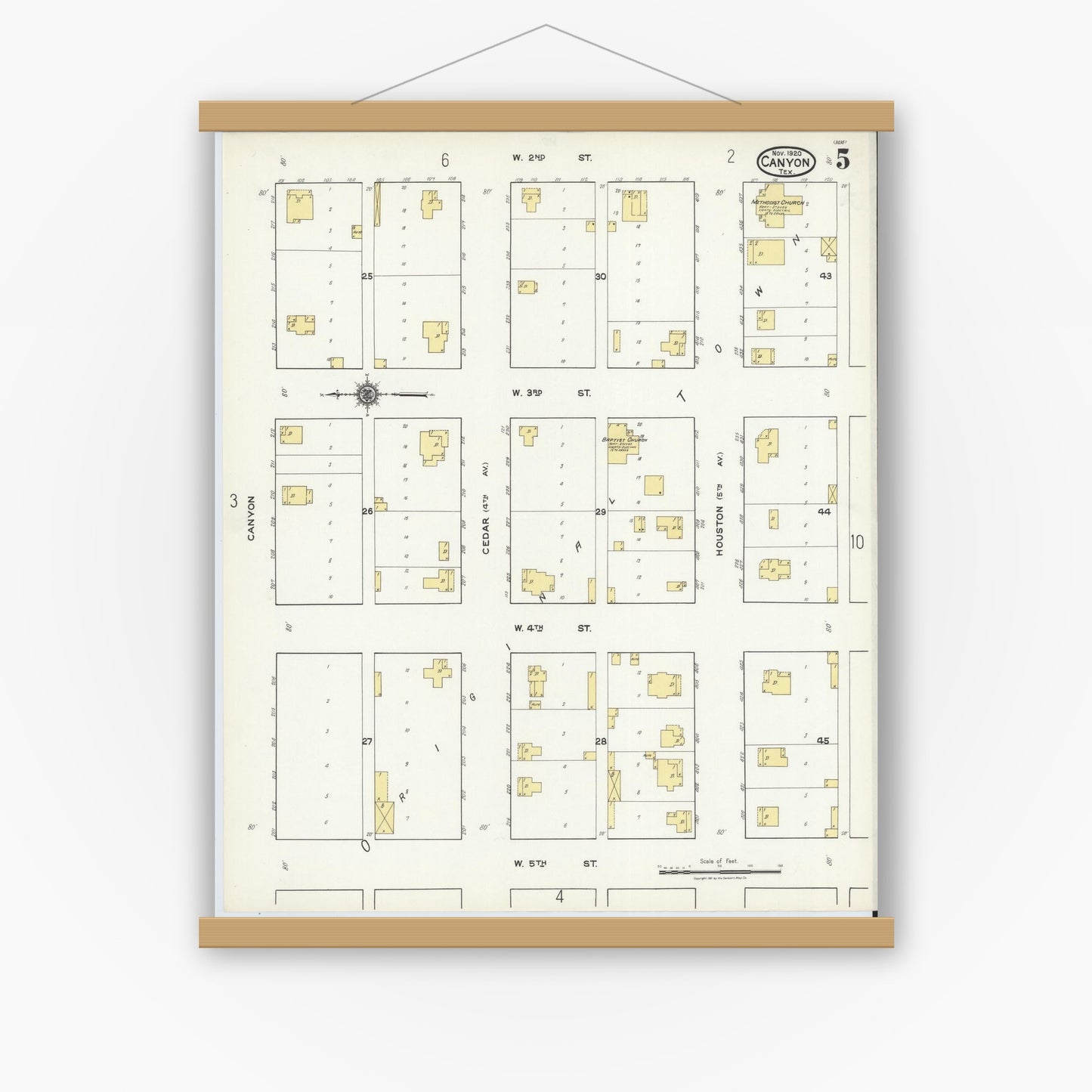 Old map wall art mockup — magnetic wood frame on white wall — Sanborn Fire Insurance Map from Canyon, Randall County, Texas (1920), Sheet #0005