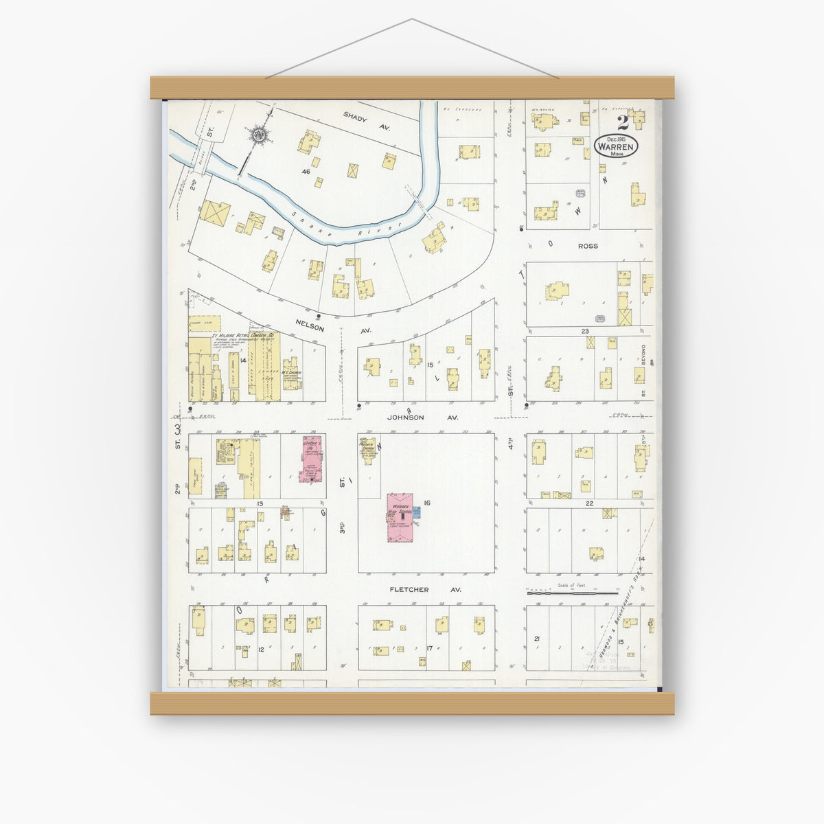 Old map wall art mockup — magnetic wood frame on white wall — Sanborn Fire Insurance Map from Warren, Marshall County, Minnesota (1915), Sheet #0002