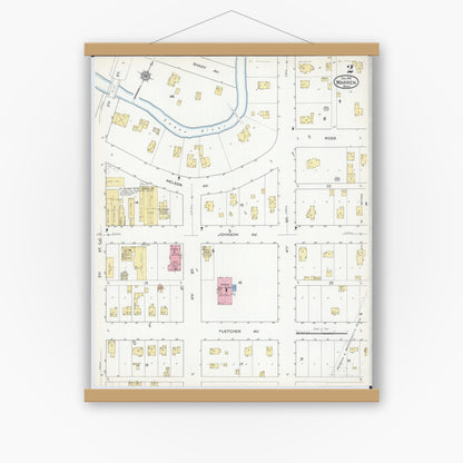 Old map wall art mockup — magnetic wood frame on white wall — Sanborn Fire Insurance Map from Warren, Marshall County, Minnesota (1915), Sheet #0002