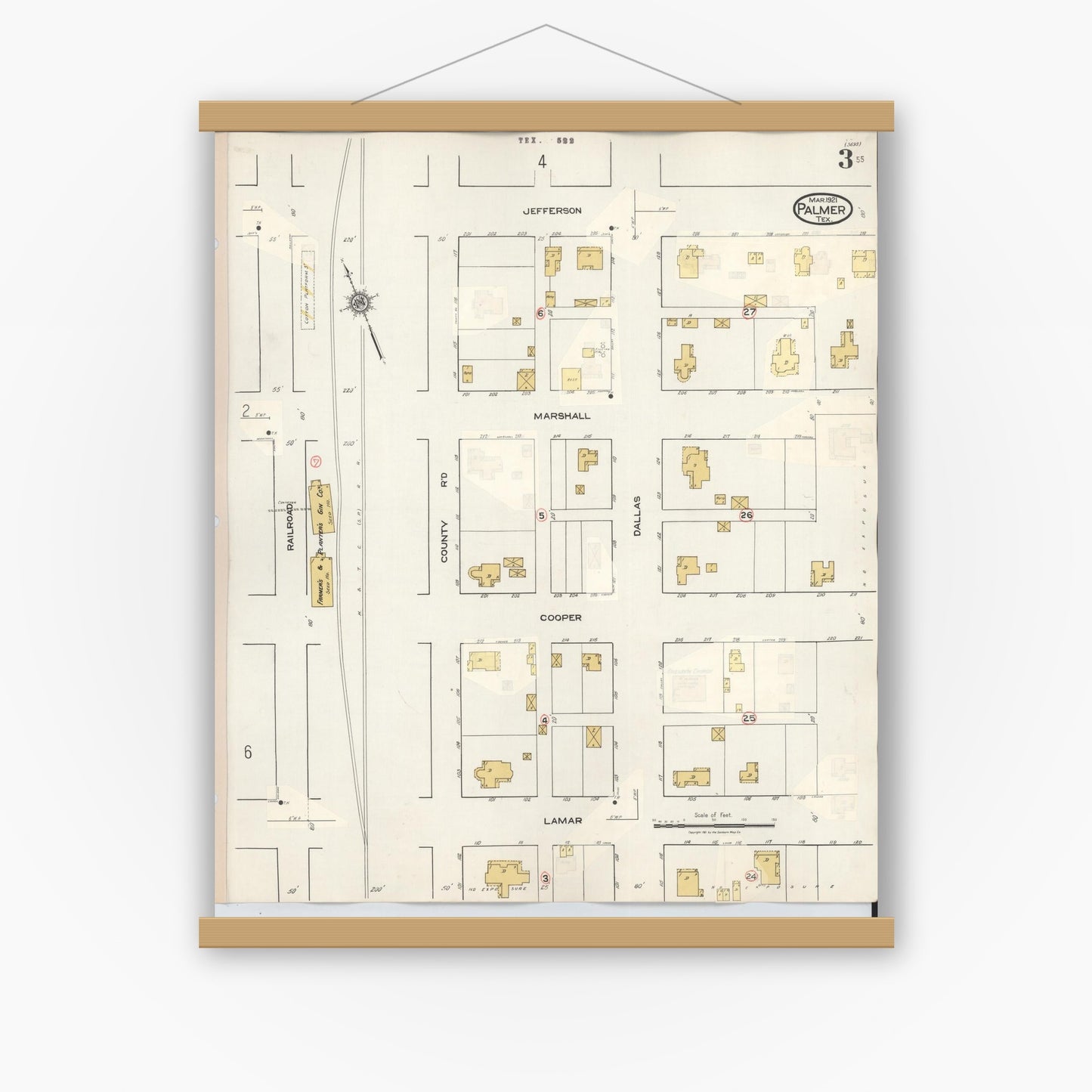 Old map wall art mockup — magnetic wood frame on white wall — Sanborn Fire Insurance Map from Palmer, Ellis County, Texas (1936), Sheet #0003