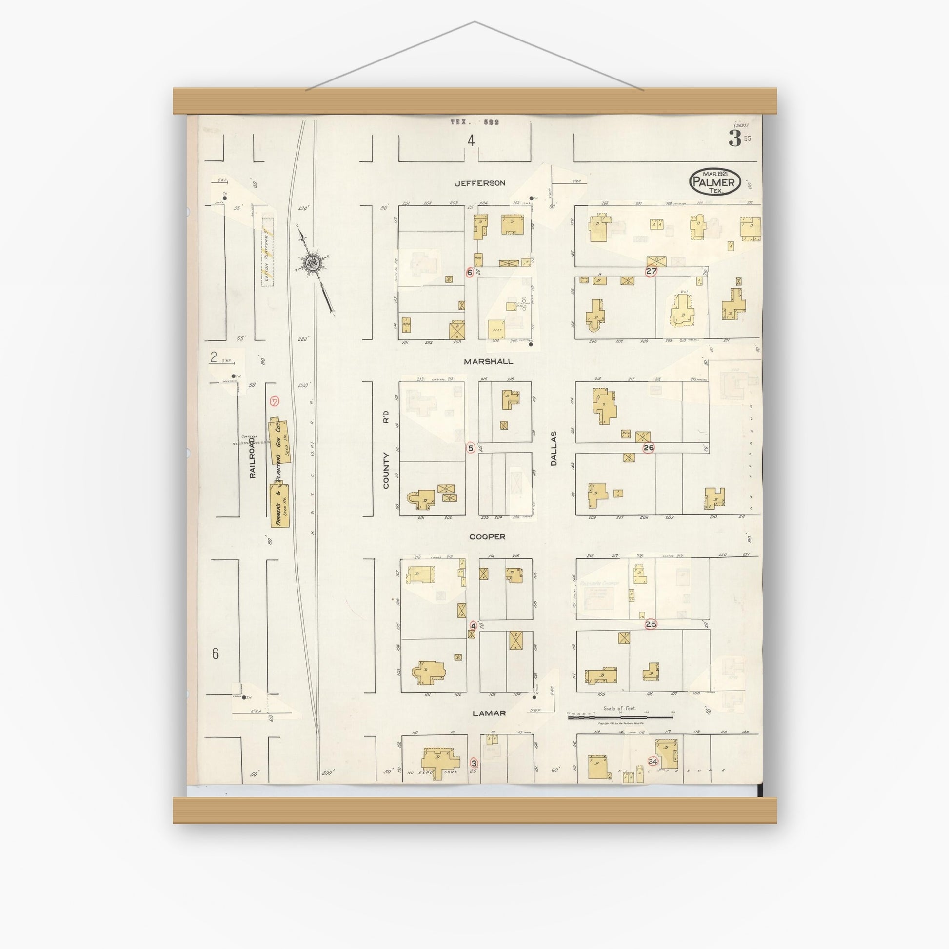 Old map wall art mockup — magnetic wood frame on white wall — Sanborn Fire Insurance Map from Palmer, Ellis County, Texas (1936), Sheet #0003