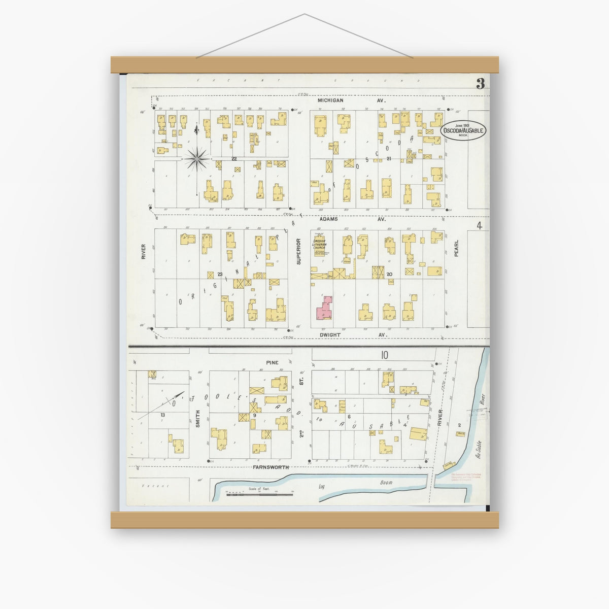 Old map wall art mockup — magnetic wood frame on white wall — Sanborn Fire Insurance Map from Oscoda, Iosco County, Michigan (1901), Sheet #0003