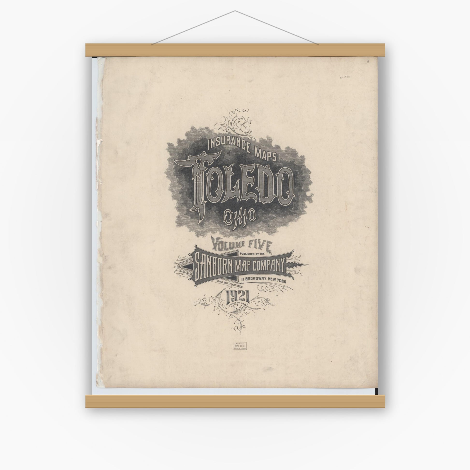 Old map wall art mockup — magnetic wood frame on white wall — Sanborn Fire Insurance Map from Toledo, Lucas County, Ohio (1921), Sheet #0001
