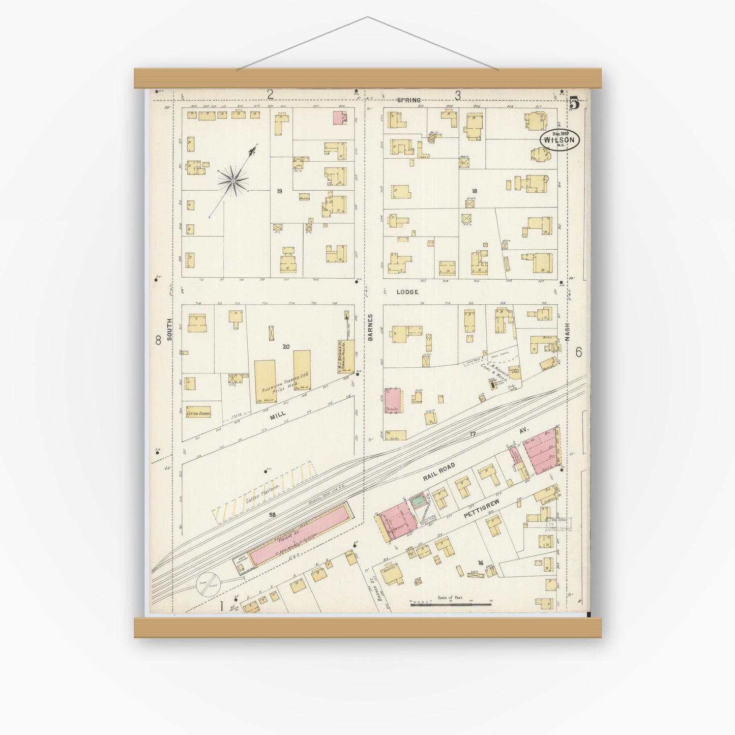 Old map wall art mockup — magnetic wood frame on white wall — Sanborn Fire Insurance Map from Wilson, Wilson County, North Carolina (1897), Sheet #0005