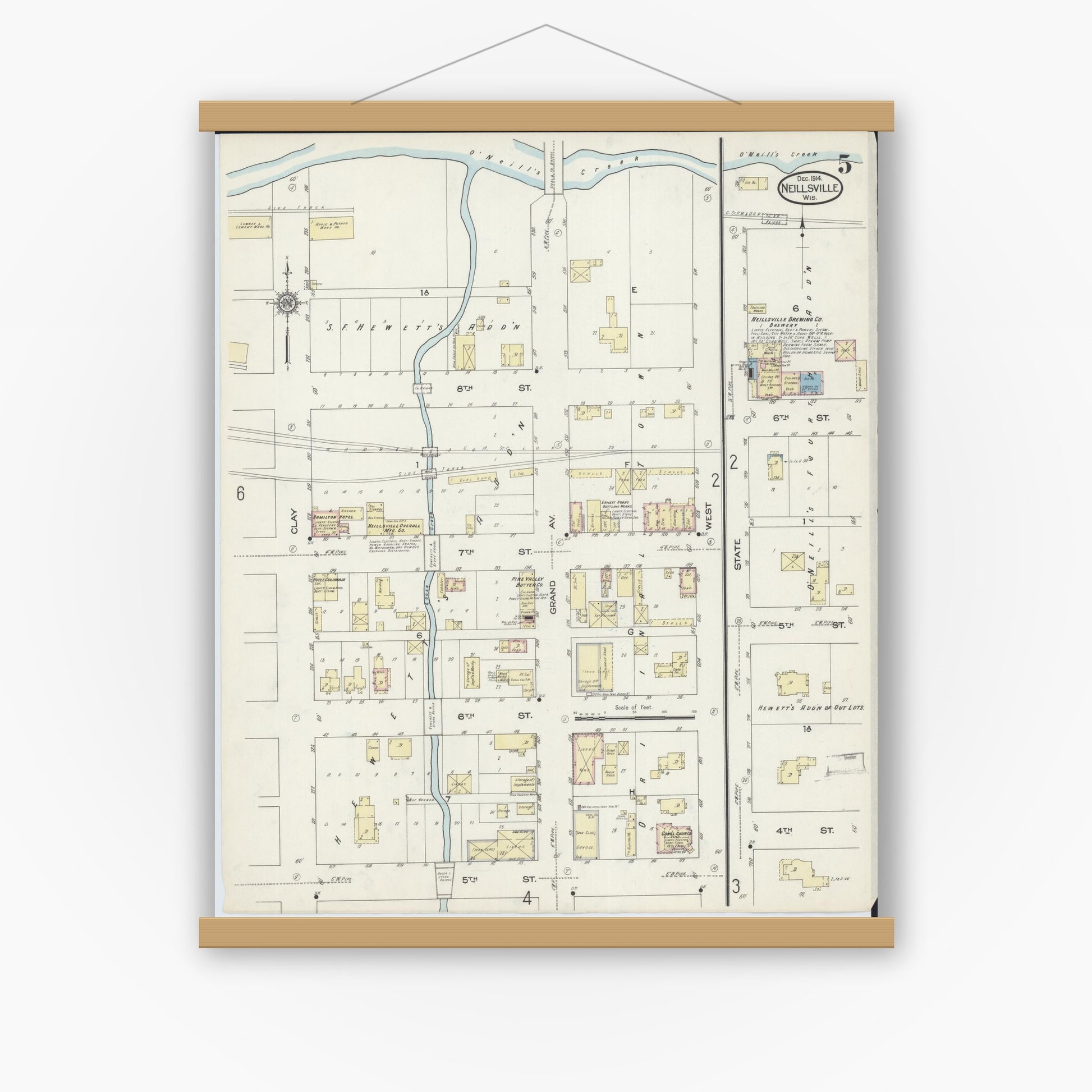 Old map wall art mockup — magnetic wood frame on white wall — Sanborn Fire Insurance Map from Neillsville, Clark County, Wisconsin (1914), Sheet #0005