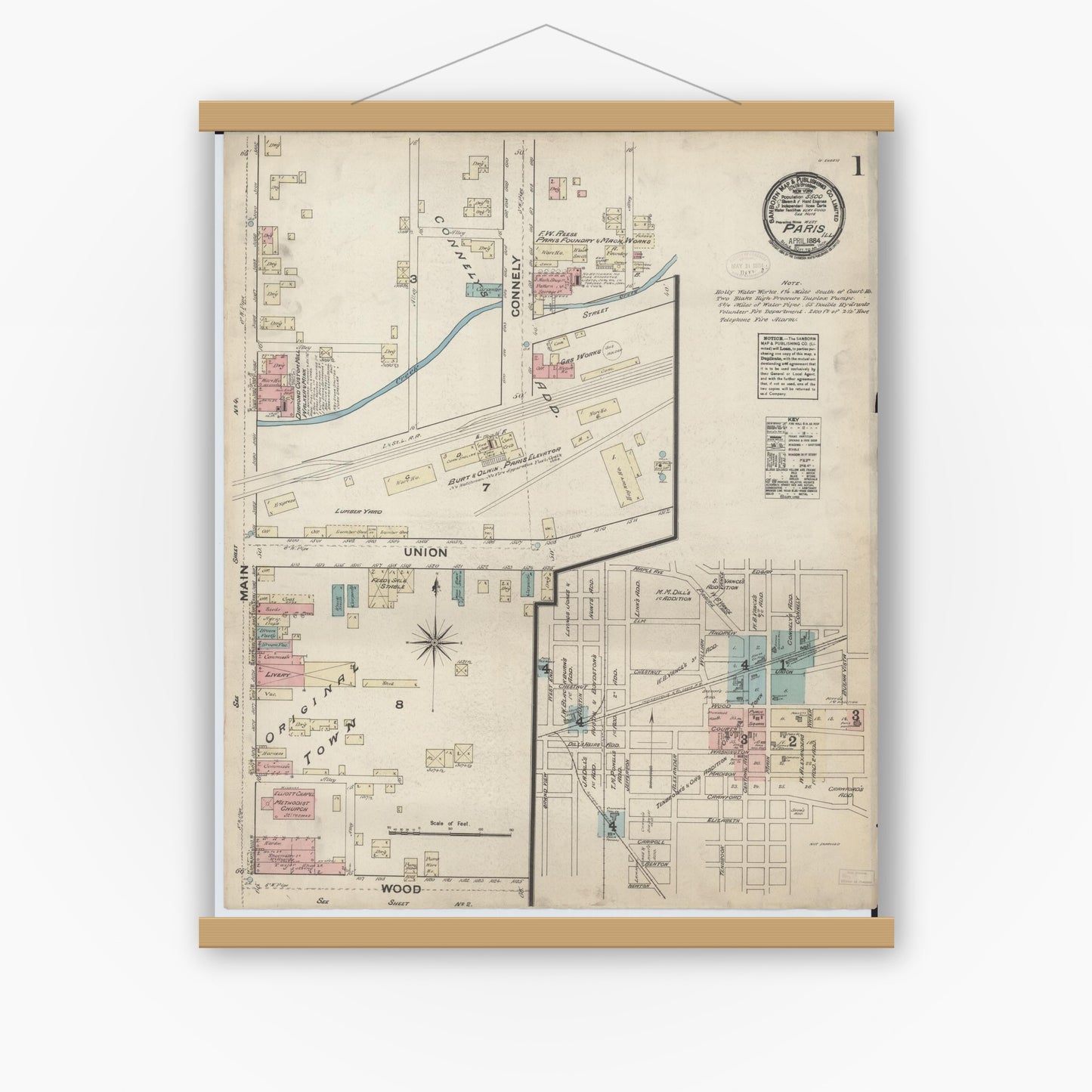 Old map wall art mockup — magnetic wood frame on white wall — Sanborn Fire Insurance Map from Paris, Edgar County, Illinois (1884), Sheet #0001