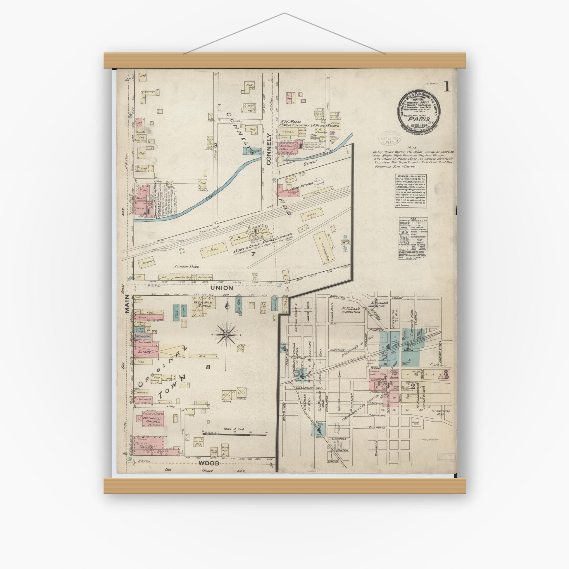Old map wall art mockup — magnetic wood frame on white wall — Sanborn Fire Insurance Map from Paris, Edgar County, Illinois (1884), Sheet #0001