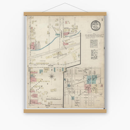 Old map wall art mockup — magnetic wood frame on white wall — Sanborn Fire Insurance Map from Paris, Edgar County, Illinois (1884), Sheet #0001