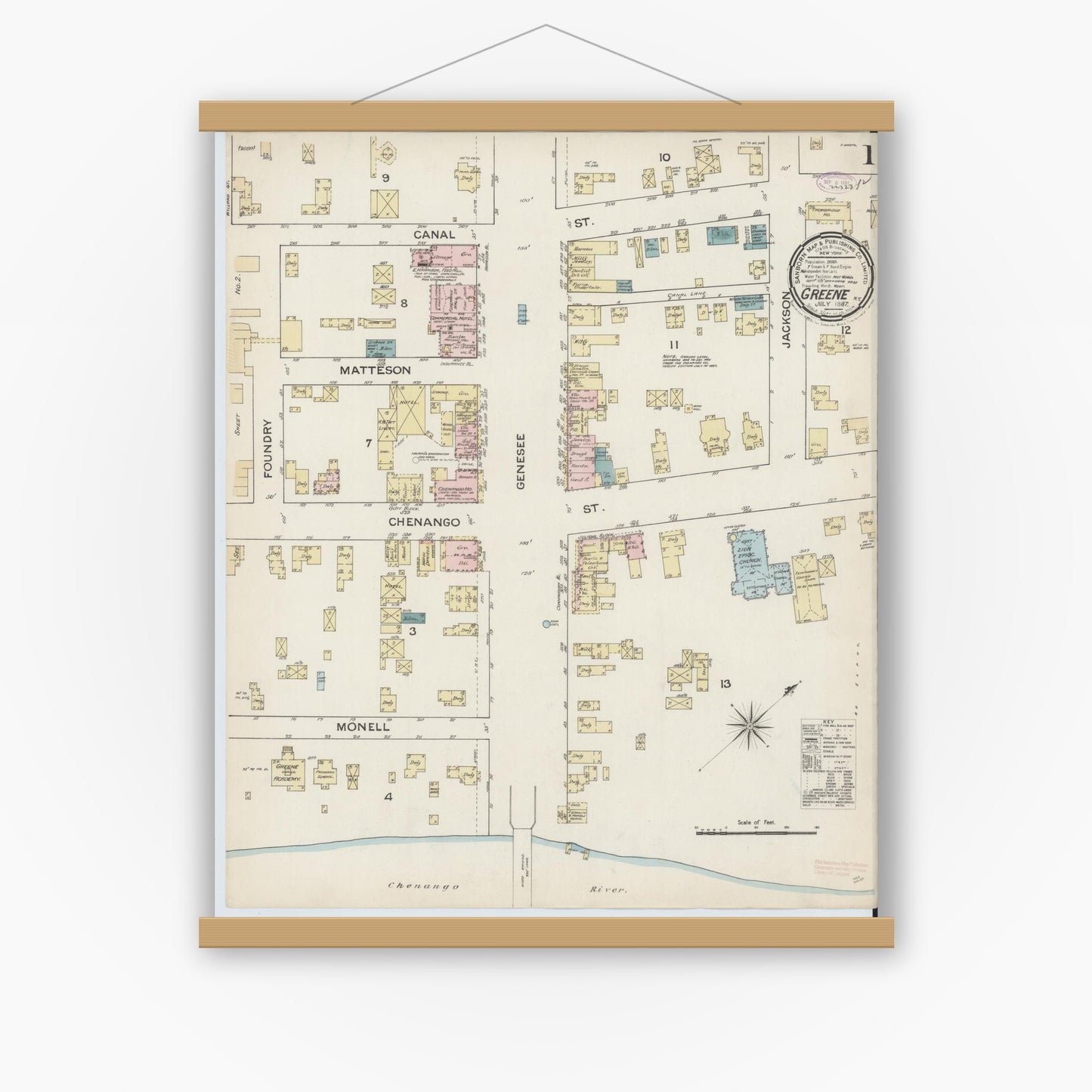 Old map wall art mockup — magnetic wood frame on white wall — Sanborn Fire Insurance Map from Greene, Chenango County, New York (1887) - Complete Map Set
