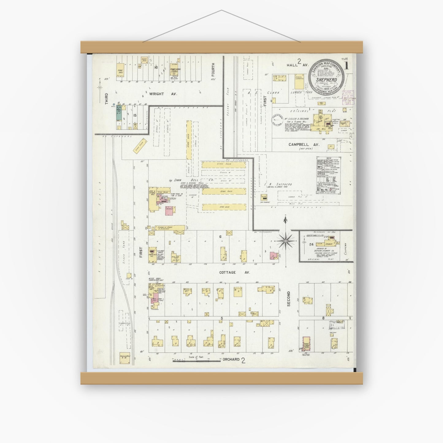Old map wall art mockup — magnetic wood frame on white wall — Sanborn Fire Insurance Map from Shepherd, Isabella County, Michigan (1902) - Complete Map Set
