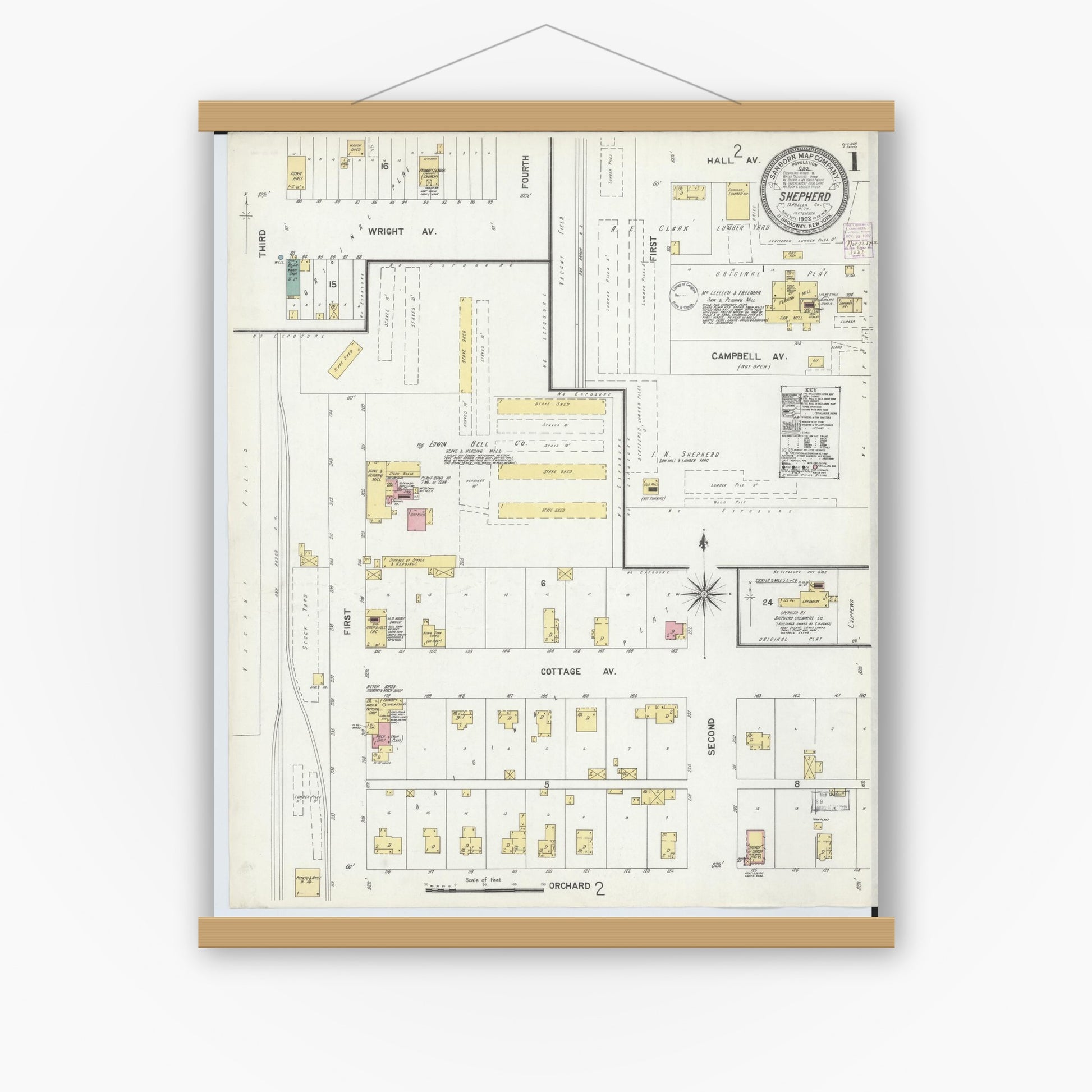 Old map wall art mockup — magnetic wood frame on white wall — Sanborn Fire Insurance Map from Shepherd, Isabella County, Michigan (1902) - Complete Map Set