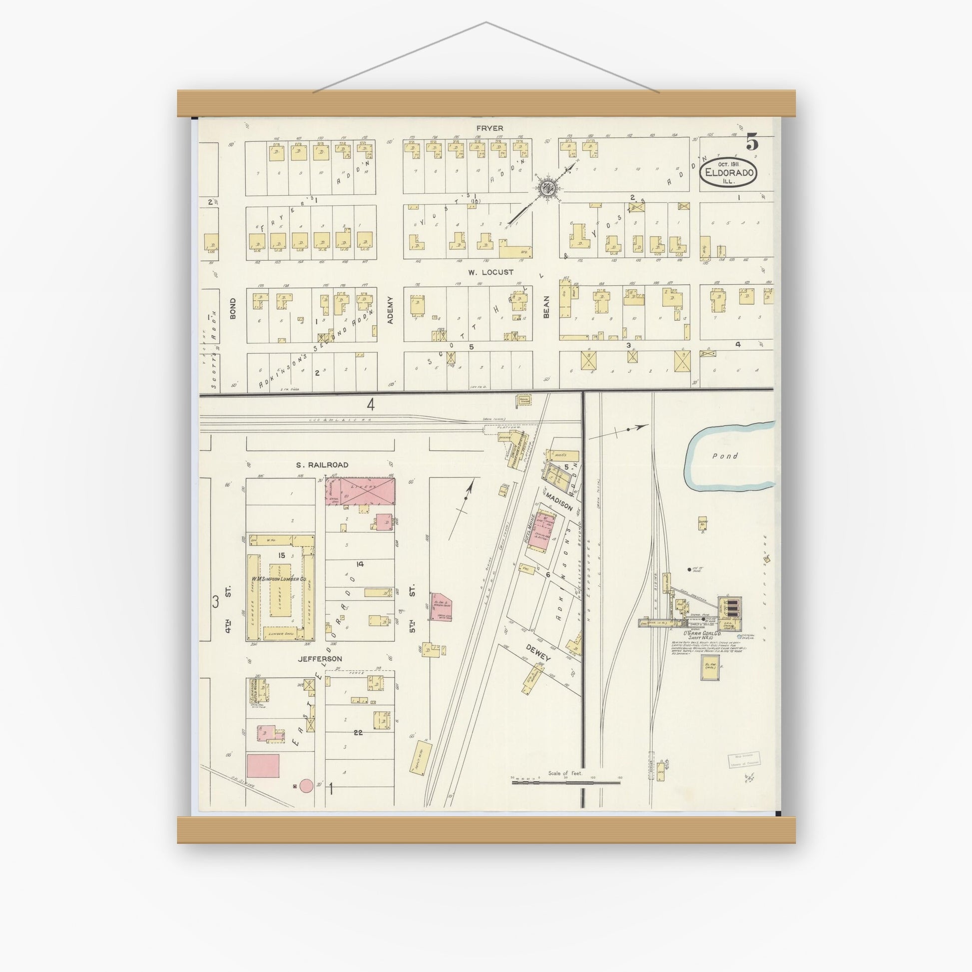 Old map wall art mockup — magnetic wood frame on white wall — Sanborn Fire Insurance Map from Eldorado, Saline County, Illinois (1911), Sheet #0005
