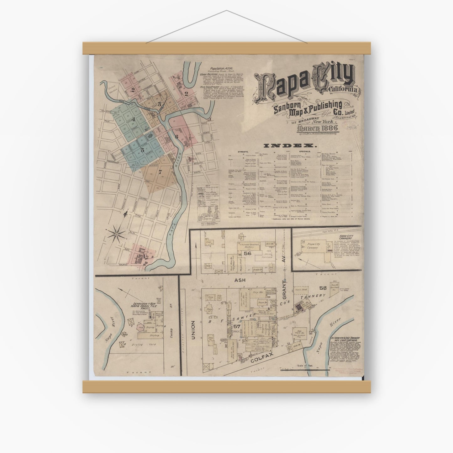 Old map wall art mockup — magnetic wood frame on white wall — Sanborn Fire Insurance Map from Napa, Napa County, California (1886) - Complete Map Set