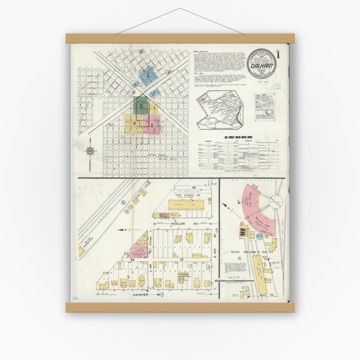Old map wall art mockup — magnetic wood frame on white wall — Sanborn Fire Insurance Map from Dalhart, Dallam And Hartley County, Texas (1920) - Complete Map Set