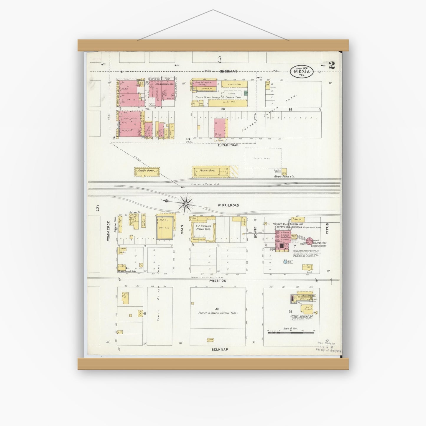 Old map wall art mockup — magnetic wood frame on white wall — Sanborn Fire Insurance Map from Mexia, Limestone County, Texas (1906), Sheet #0002