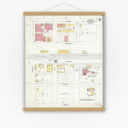 Old map wall art mockup — magnetic wood frame on white wall — Sanborn Fire Insurance Map from Mexia, Limestone County, Texas (1906), Sheet #0002