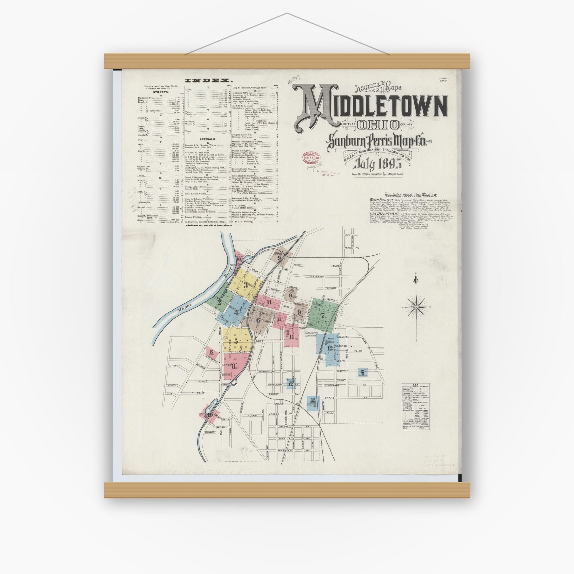 Old map wall art mockup — magnetic wood frame on white wall — Sanborn Fire Insurance Map from Middletown, Butler County, Ohio (1895) - Complete Map Set