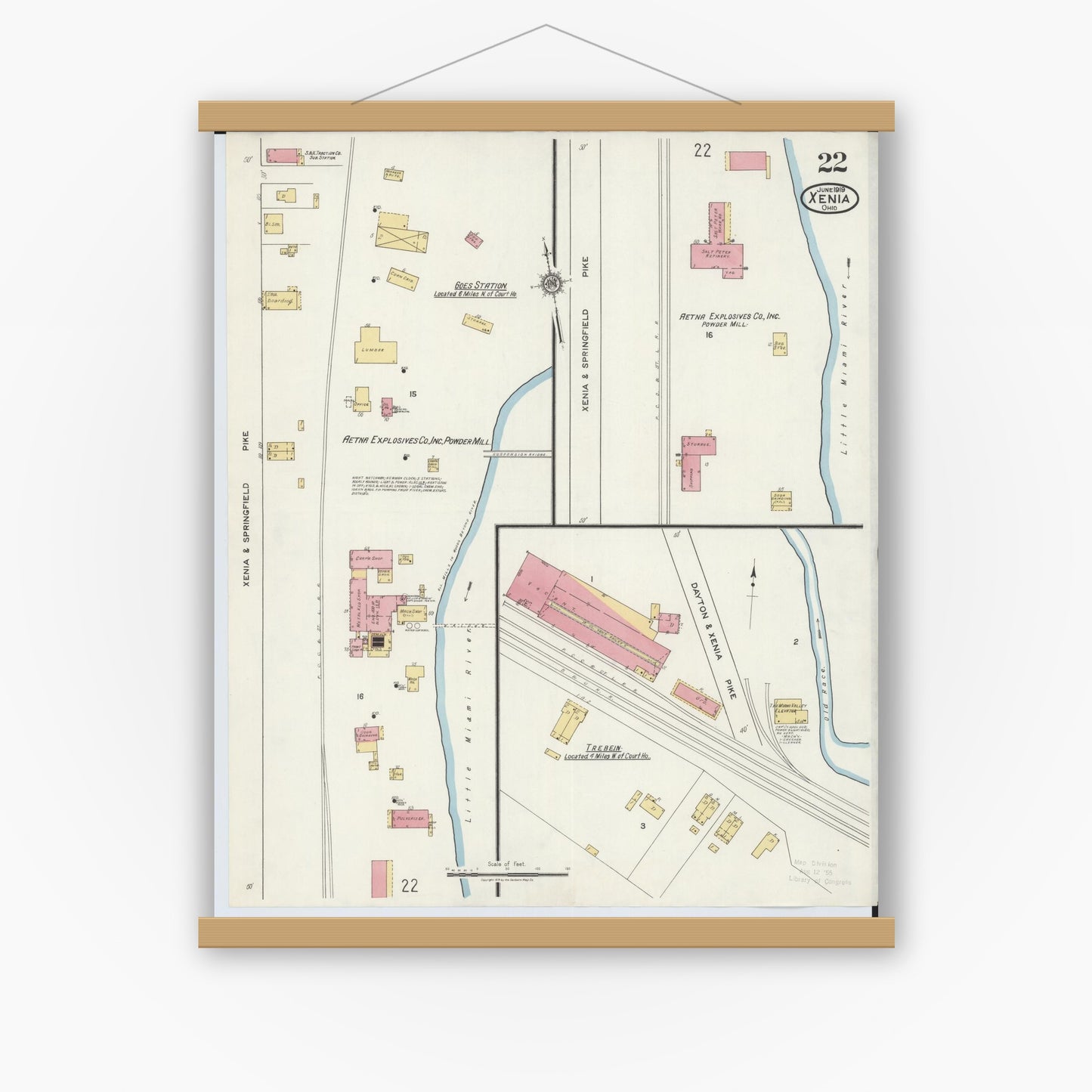 Old map wall art mockup — magnetic wood frame on white wall — Sanborn Fire Insurance Map from Xenia, Greene County, Ohio (1919), Sheet #0022