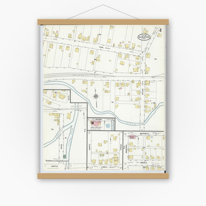 Old map wall art mockup — magnetic wood frame on white wall — Sanborn Fire Insurance Map from Glouster, Athens County, Ohio (1910), Sheet #0004