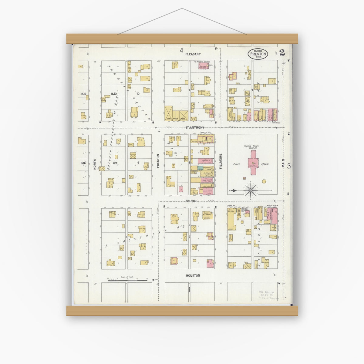 Old map wall art mockup — magnetic wood frame on white wall — Sanborn Fire Insurance Map from Preston, Fillmore County, Minnesota (1900), Sheet #0002