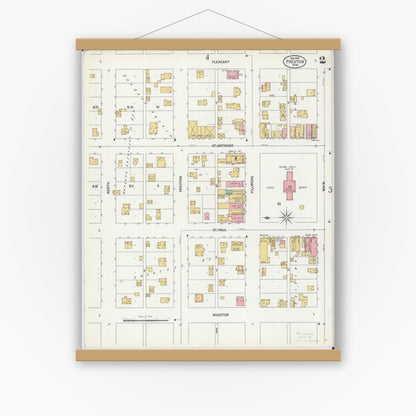 Old map wall art mockup — magnetic wood frame on white wall — Sanborn Fire Insurance Map from Preston, Fillmore County, Minnesota (1900), Sheet #0002