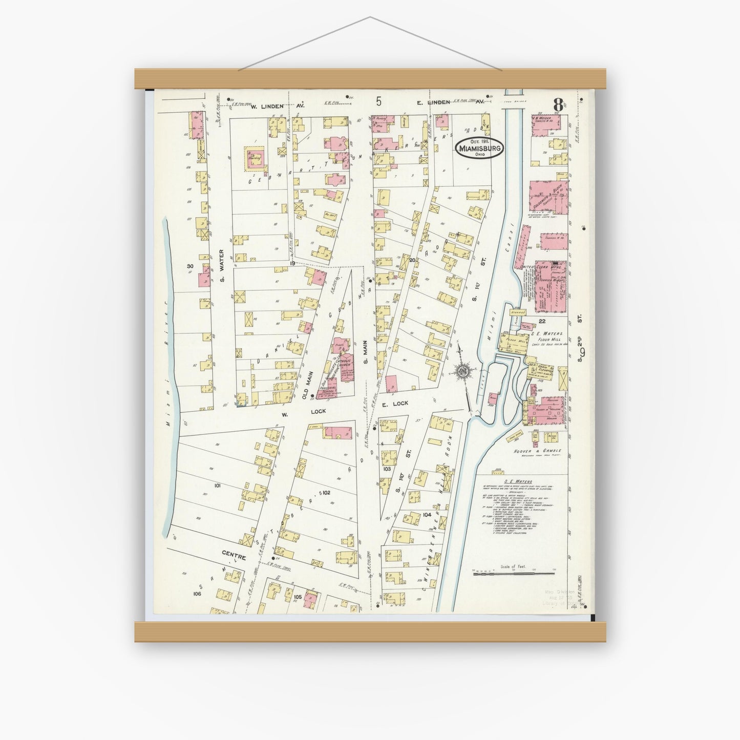 Old map wall art mockup — magnetic wood frame on white wall — Sanborn Fire Insurance Map from Miamisburg, Montgomery County, Ohio (1911), Sheet #0008
