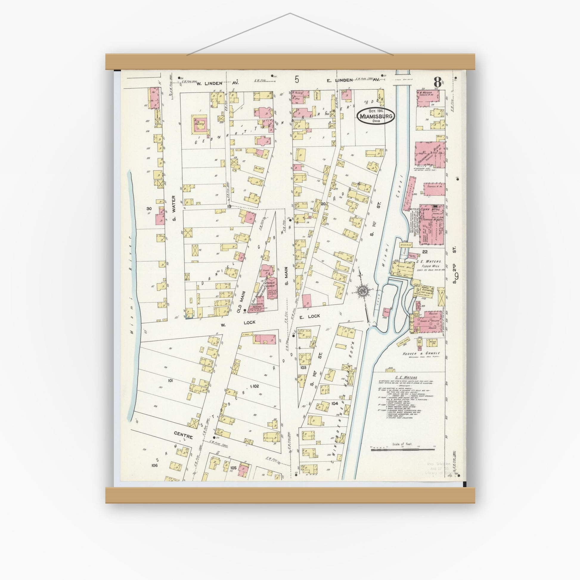 Old map wall art mockup — magnetic wood frame on white wall — Sanborn Fire Insurance Map from Miamisburg, Montgomery County, Ohio (1911), Sheet #0008