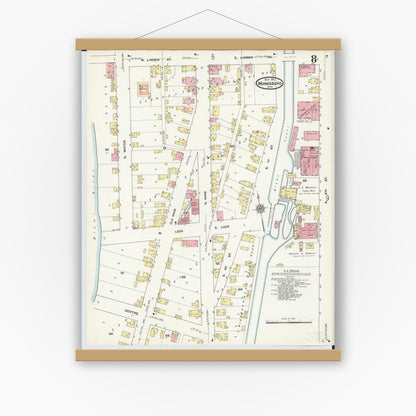 Old map wall art mockup — magnetic wood frame on white wall — Sanborn Fire Insurance Map from Miamisburg, Montgomery County, Ohio (1911), Sheet #0008