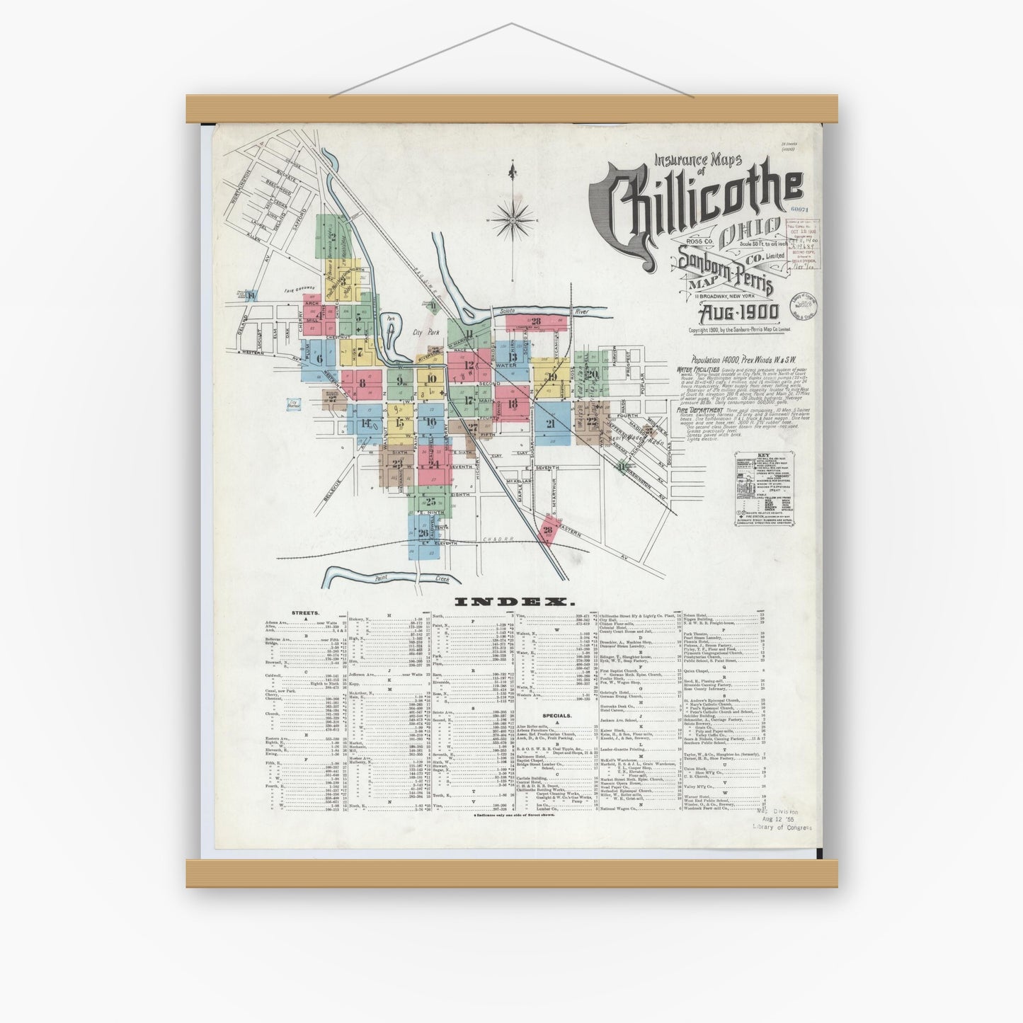 Old map wall art mockup — magnetic wood frame on white wall — Sanborn Fire Insurance Map from Chillicothe, Ross County, Ohio (1900) - Complete Map Set
