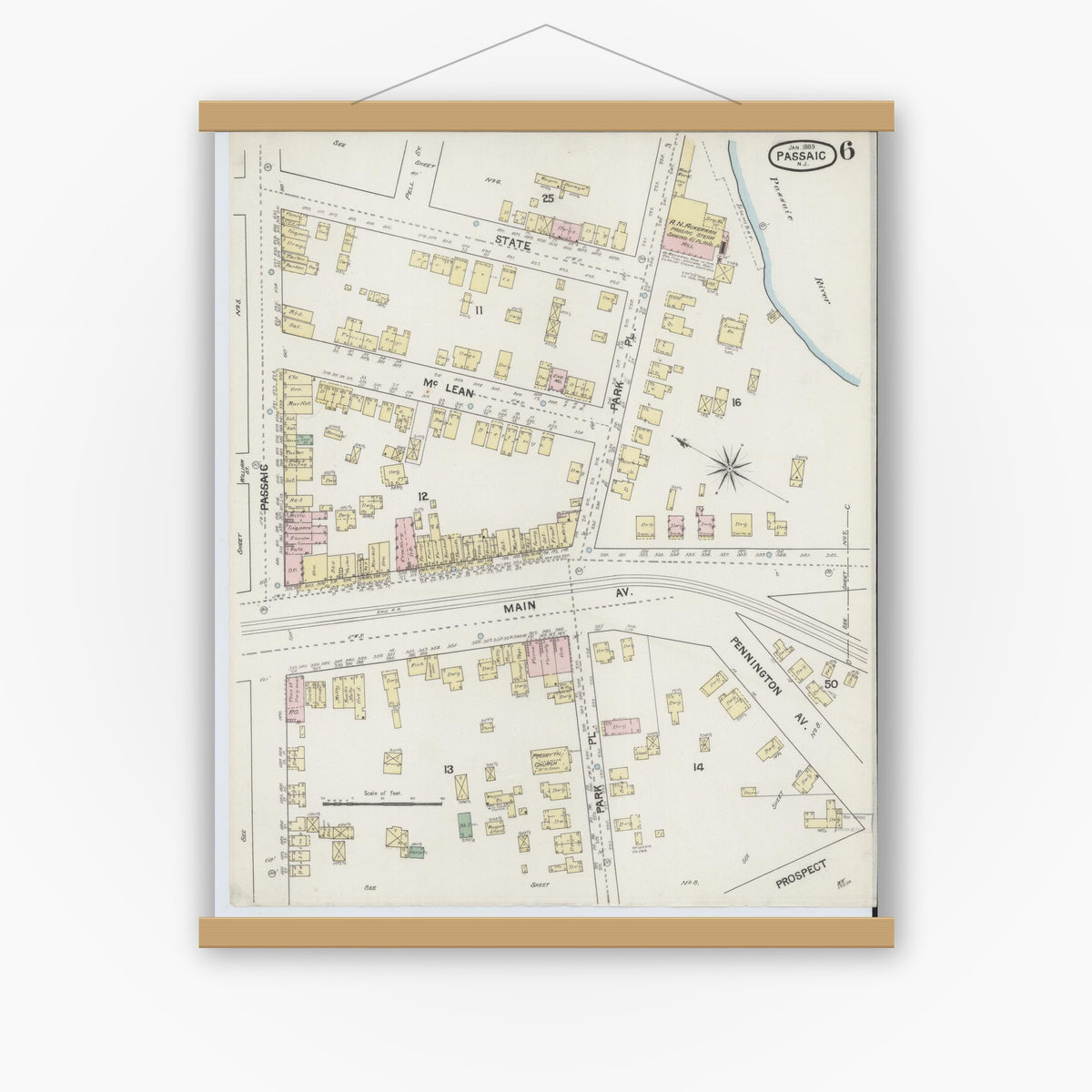 Old map wall art mockup — magnetic wood frame on white wall — Sanborn Fire Insurance Map from Passaic, Passaic County, New Jersey (1889), Sheet #0006