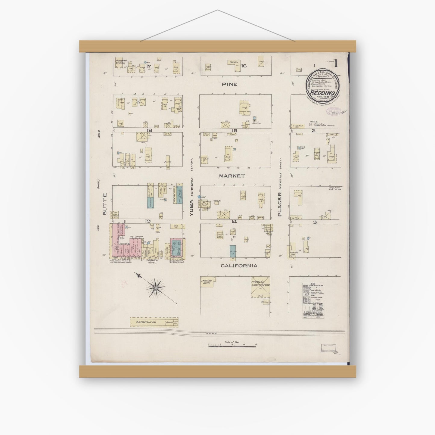 Old map wall art mockup — magnetic wood frame on white wall — Sanborn Fire Insurance Map from Redding, Shasta County, California (1885) - Complete Map Set