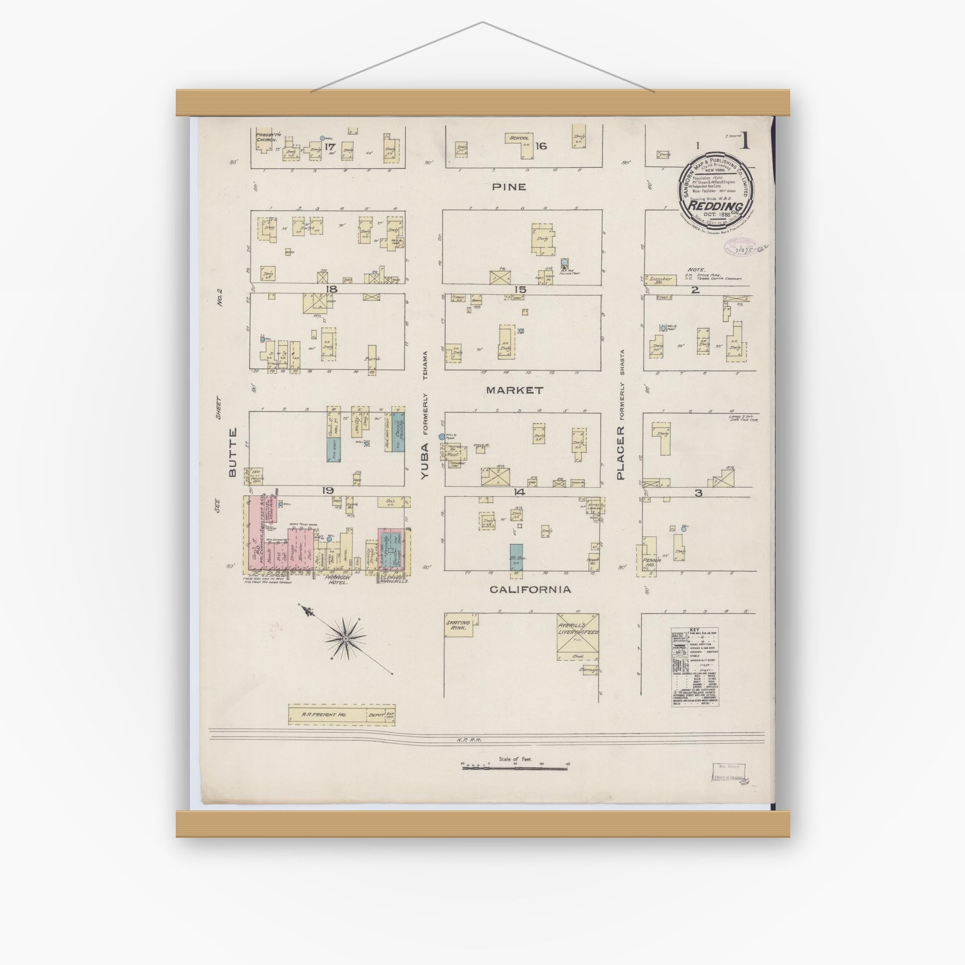 Old map wall art mockup — magnetic wood frame on white wall — Sanborn Fire Insurance Map from Redding, Shasta County, California (1885) - Complete Map Set