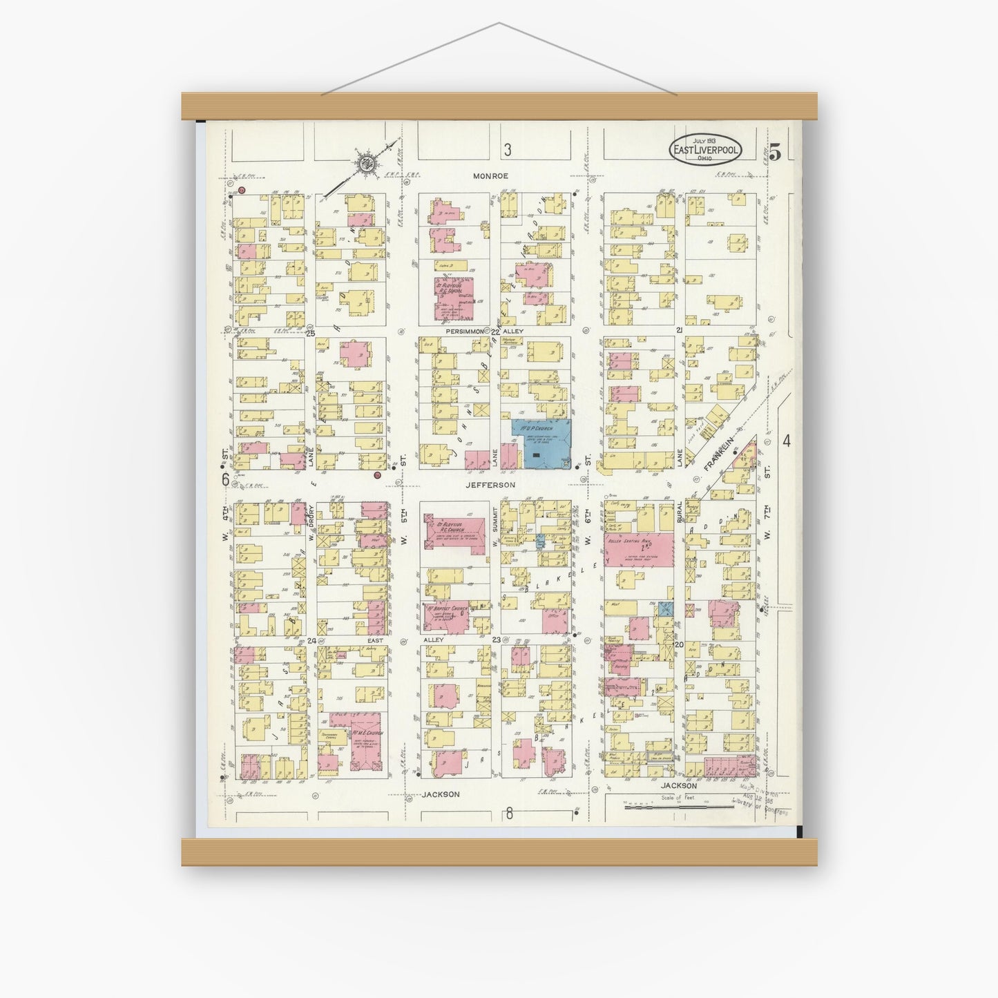 Old map wall art mockup — magnetic wood frame on white wall — Sanborn Fire Insurance Map from East Liverpool, Columbiana County, Ohio (1913), Sheet #0005