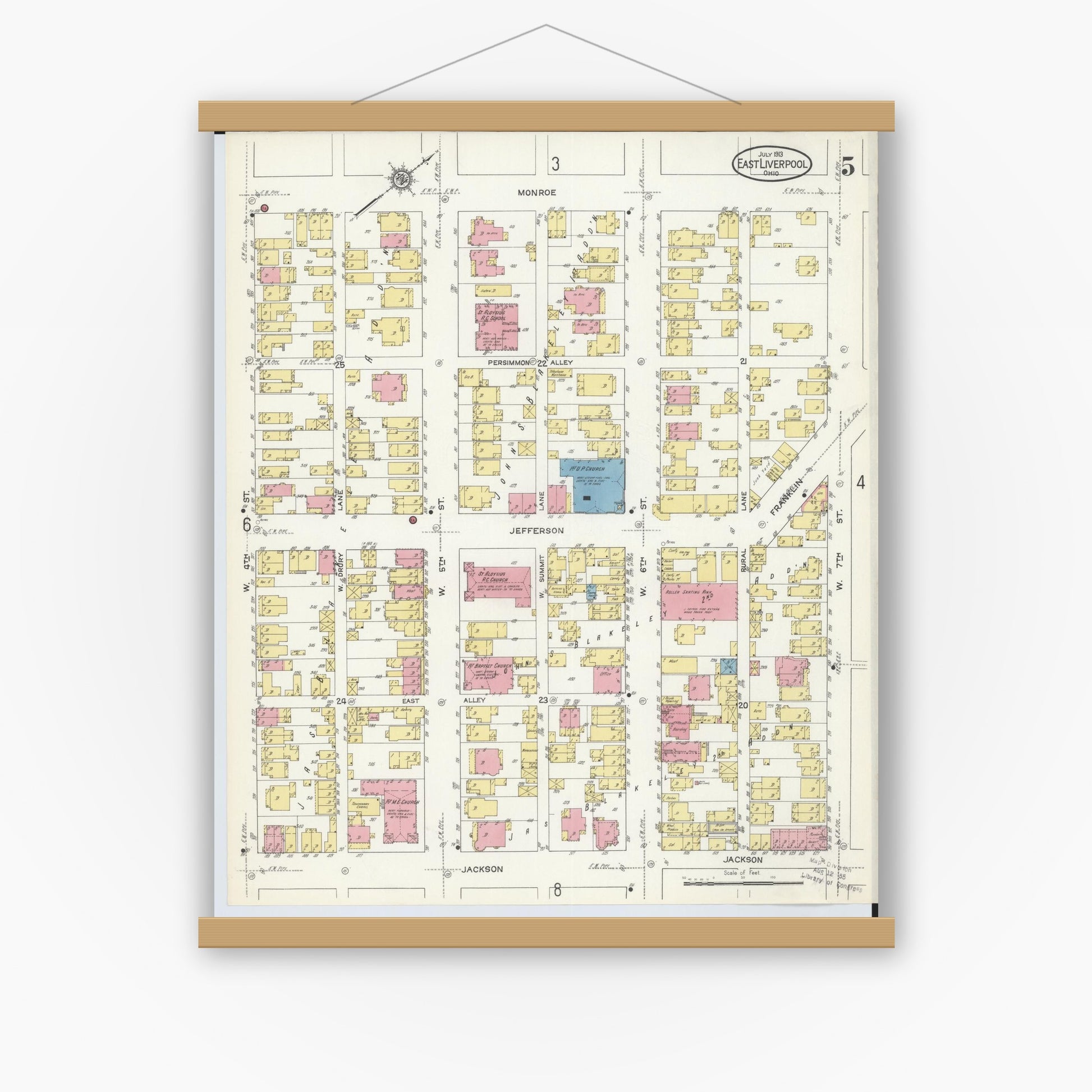 Old map wall art mockup — magnetic wood frame on white wall — Sanborn Fire Insurance Map from East Liverpool, Columbiana County, Ohio (1913), Sheet #0005