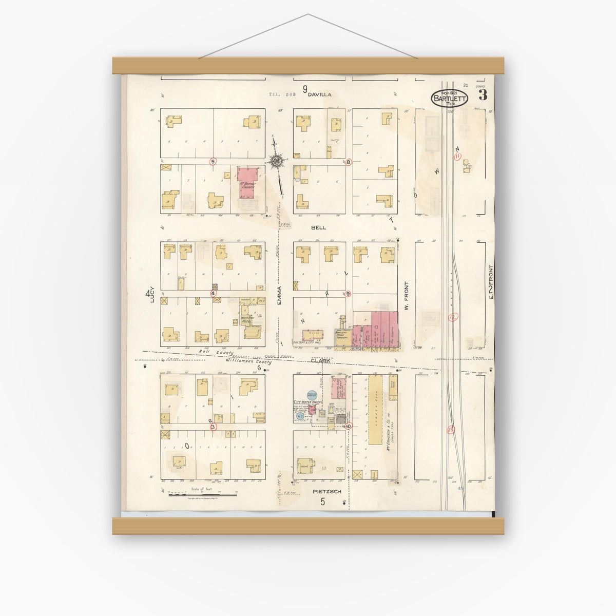 Old map wall art mockup — magnetic wood frame on white wall — Sanborn Fire Insurance Map from Bartlett, Bell and Williamson Counties, Texas (1940), Sheet #0003