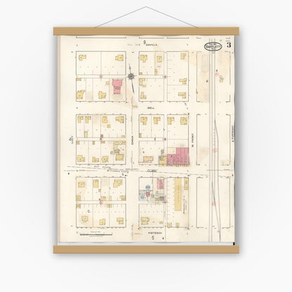 Old map wall art mockup — magnetic wood frame on white wall — Sanborn Fire Insurance Map from Bartlett, Bell and Williamson Counties, Texas (1940), Sheet #0003