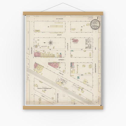 Old map wall art mockup — magnetic wood frame on white wall — Sanborn Fire Insurance Map from Chenoa, McLean County, Illinois (1885), Sheet #0001