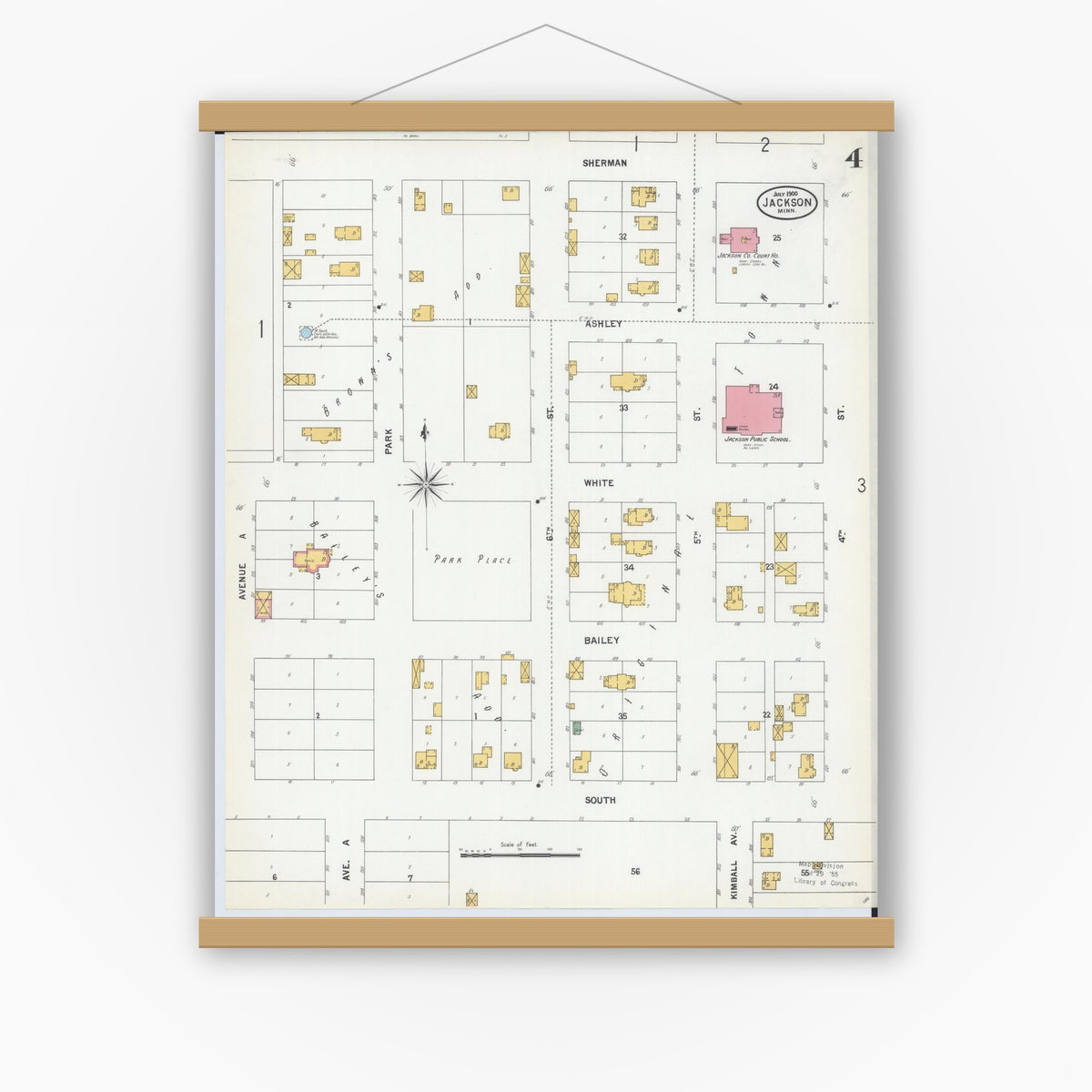 Old map wall art mockup — magnetic wood frame on white wall — Sanborn Fire Insurance Map from Jackson, Jackson County, Minnesota (1900), Sheet #0004